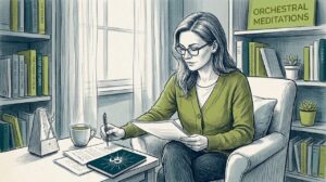 Sleep therapist reviews notes in cozy office