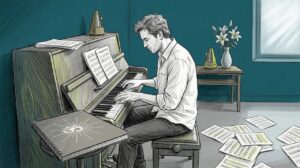 Composer creating music in living room