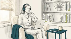 Woman writing testimonial about wellness music