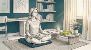 Woman meditating calmly in living room
