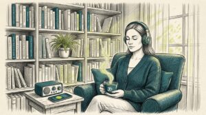 Woman relaxing with headphones in living room