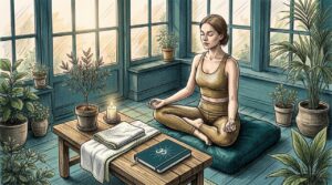 Woman meditating peacefully in cozy living room