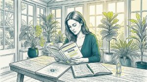 Woman reading about consciousness raising at desk