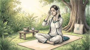 Woman meditating with headphones on floor cushion