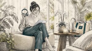 Woman selecting wellness music on tablet at home