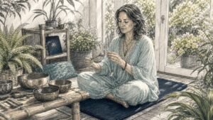 Woman practicing healing music therapy with tuning fork