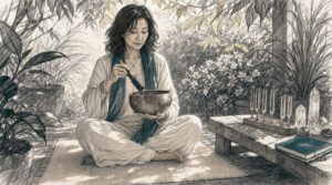 Woman playing singing bowl during sound healing