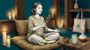 Woman using tuning forks in morning meditation