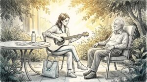 Music therapist playing guitar to attentive elderly client