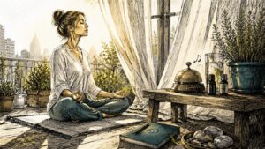 Woman meditating in bright apartment corner
