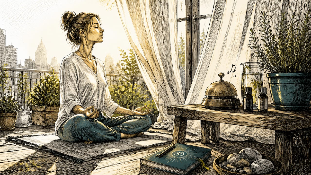 Woman meditating in bright apartment corner