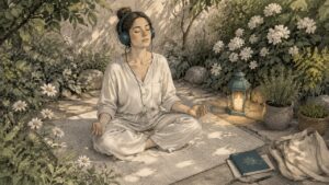 Woman meditating with headphones at home