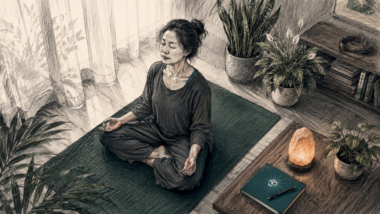 Woman meditating peacefully in sunlit room