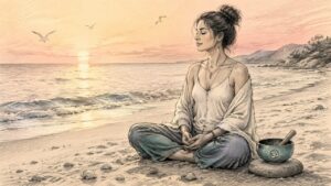 Woman meditating at home with salt lamp