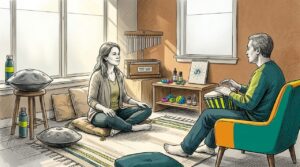 Music therapist observing client playing hand drum in therapy room