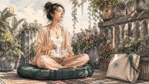 Woman meditating with crystal singing bowl indoors