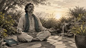 Man meditating with Om chanting at home