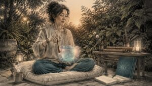 Woman meditating with crystal singing bowl indoors