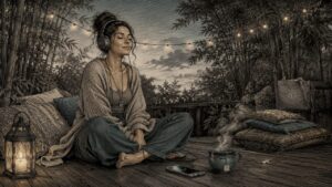 Woman wearing headphones listening to binaural beats