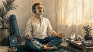 Man enjoying frequency healing sound therapy at home