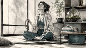 Woman meditating calmly at home