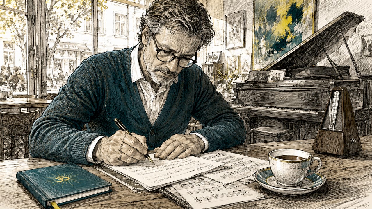 Man studying music notes in home study