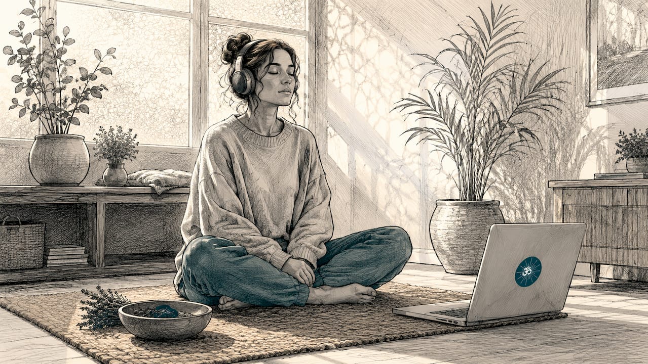 Woman meditating with headphones in bright room