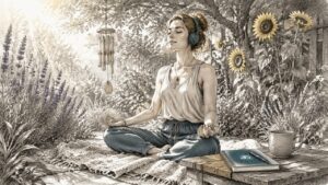 Woman meditating with headphones at home