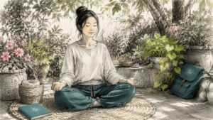 Woman meditating peacefully at home
