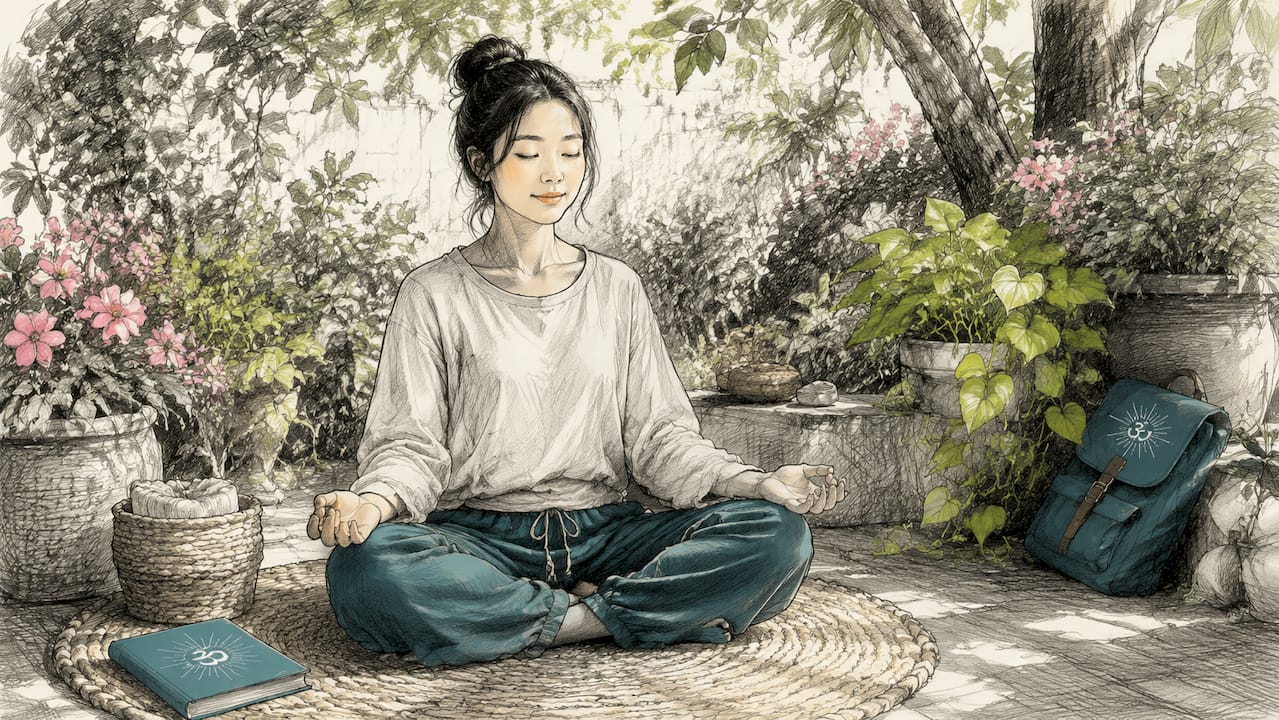 Woman meditating peacefully at home