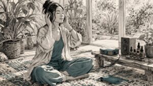 Woman listening to sound frequencies with headphones