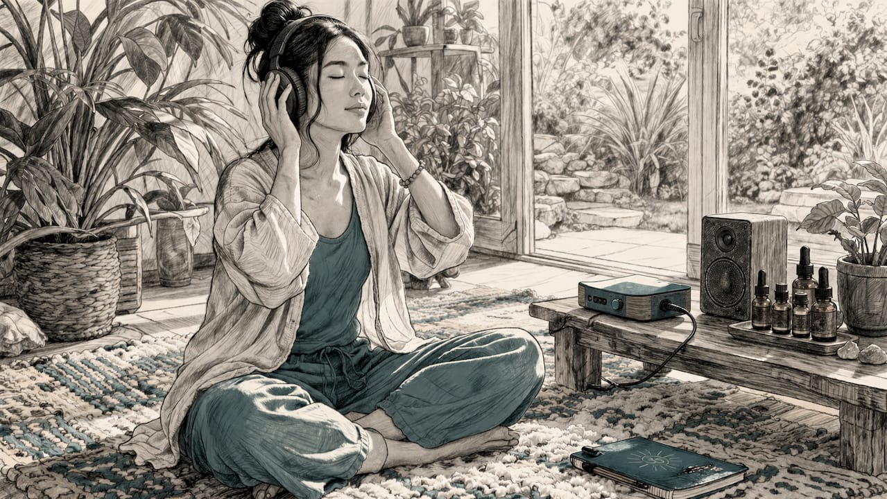 Woman listening to sound frequencies with headphones