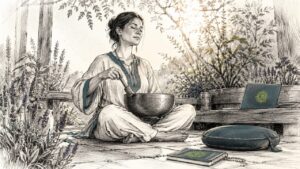 Therapist playing Tibetan singing bowl for healing