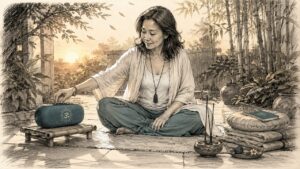 Woman preparing meditation sound setup at home