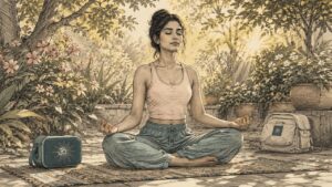 Frau meditiert mit Yoga-Musikfusion in Innenräumen