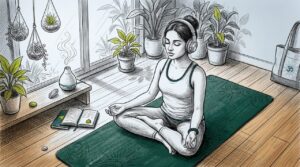 Woman meditating with headphones at home