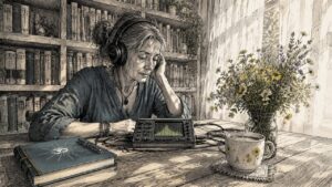 Woman using headphones with frequency analyzer at desk