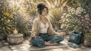 Woman meditating with headphones at home yoga studio