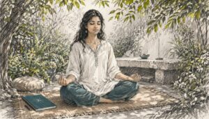Woman meditating calmly indoors on cushion