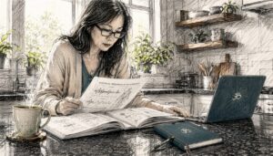 Woman studies human body electrical frequency papers