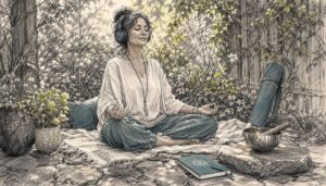 Woman meditating while listening to vibrational music