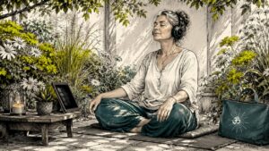 Woman meditating with headphones indoors