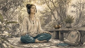 Woman meditating with headphones on