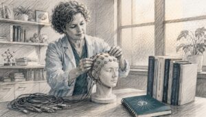 Neuroscientist adjusting EEG electrodes on mannequin