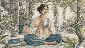 Woman meditating with singing bowl indoors