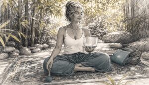 Woman meditating with singing bowl in living room