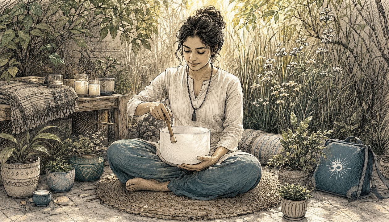Woman meditating with crystal singing bowl indoors