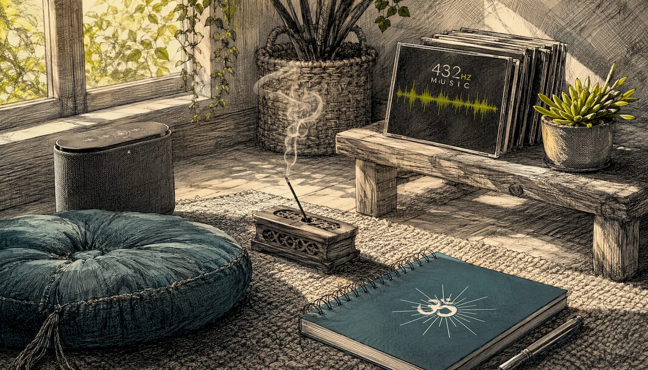 How to use 432Hz music spiritually: practical guide 3 Meditation corner prepared with speaker and incense