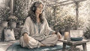 Woman meditates listening to 432Hz music