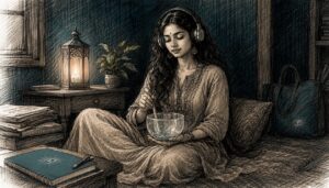 Woman listening to binaural beats with headphones